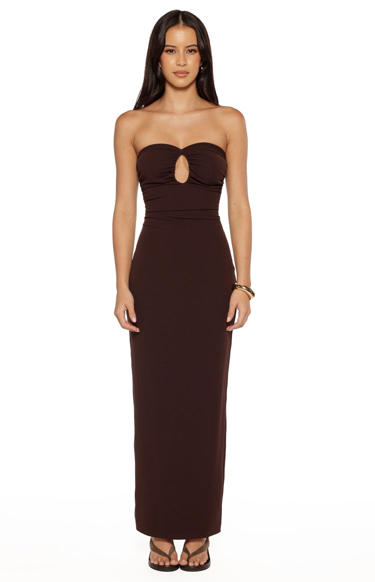 Front view of a brown crepe strapless maxi dress with a keyhole cutout and ruched bust