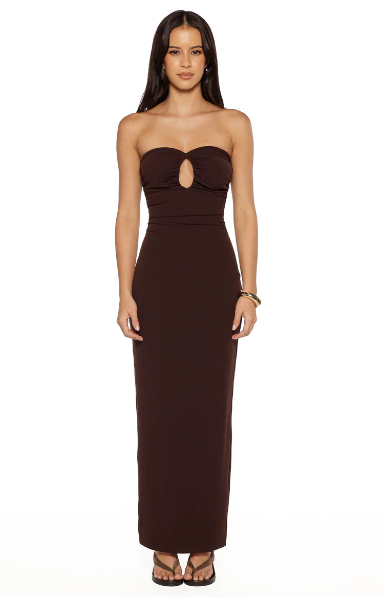 Front view of a brown crepe strapless maxi dress with a keyhole cutout and ruched bust