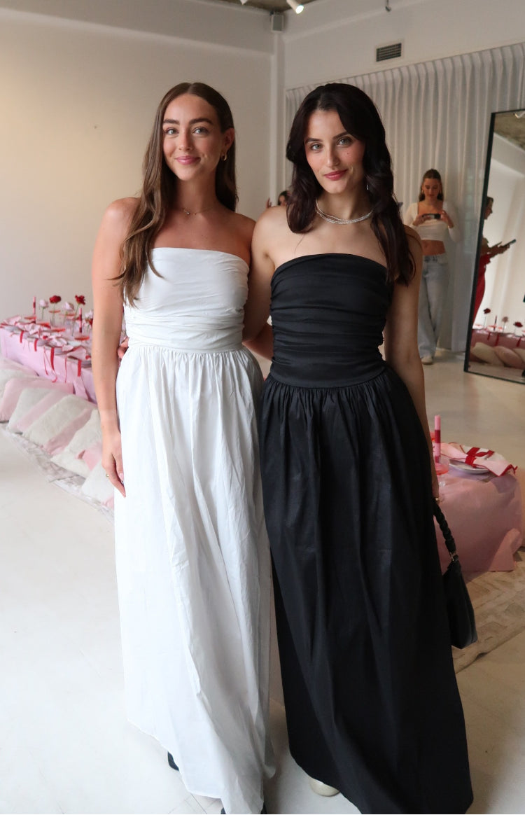 Beginning Boutique Dayton Black Strapless Maxi Dress black strapless ruched bodice gathered waist flowy maxi dress