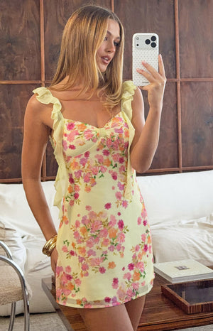 Beginning Boutique Joyce Yellow Bloom Chiffon Mini Dress yellow floral chiffon mini with sweetheart neckline and ruffled stra