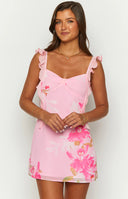 Beginning Boutique Joyce Pink Floral Chiffon Mini Dress pink floral chiffon mini dress with sweetheart neckline and ruffled s