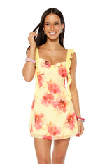 Joyce Yellow and Pink Floral Print Chiffon Mini Dress Image