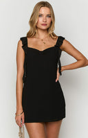 Beginning Boutique Joyce Black Chiffon Mini Dress black chiffon sweetheart neck mini dress with ruched bust and ruffled tie s