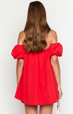 Rear view of a red off-the-shoulder mini dress with puffy short sleeves and a loose A-line fit