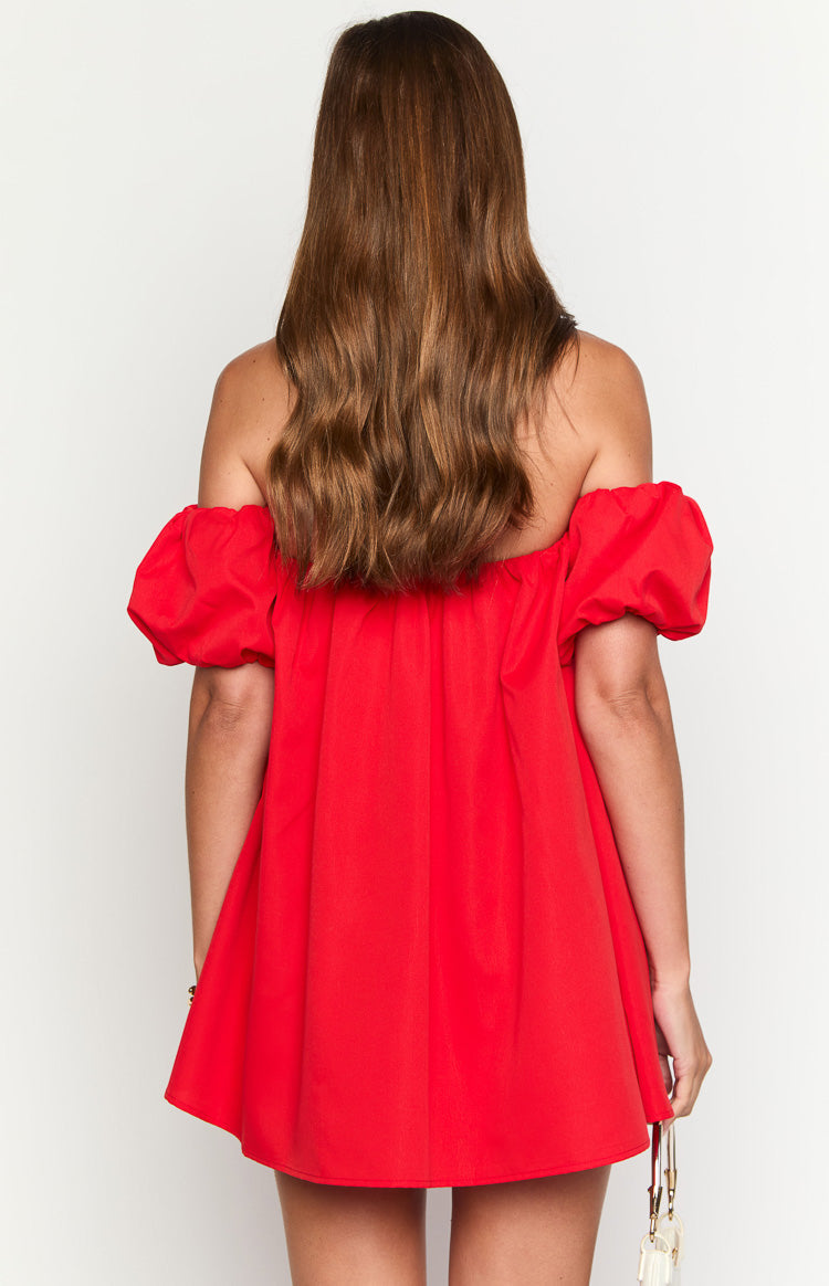 Rear view of a red off-the-shoulder mini dress with puffy short sleeves and a loose A-line fit