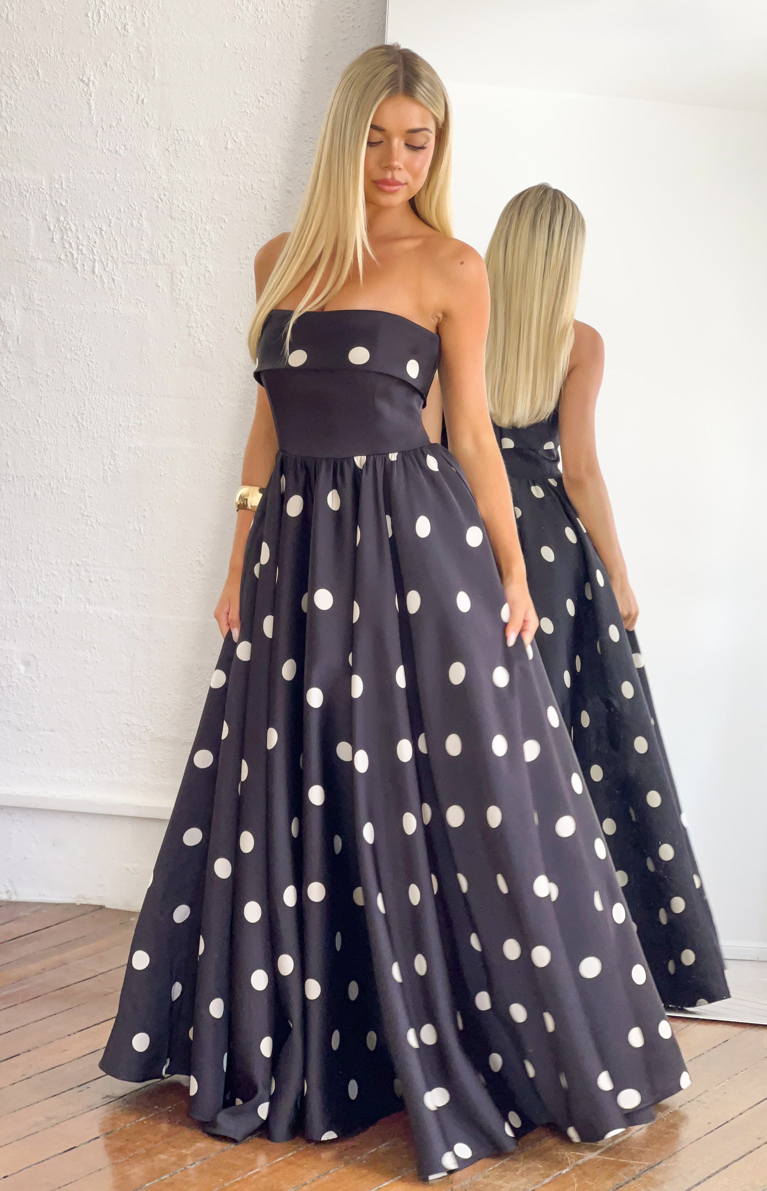 Beginning Boutique Julianne Strapless Polka Dot Satin Maxi Dress black and white polka dot satin strapless maxi dress