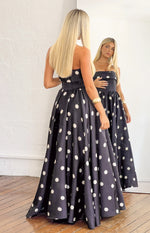 Julianne Strapless Polka Dot Satin Maxi Dress