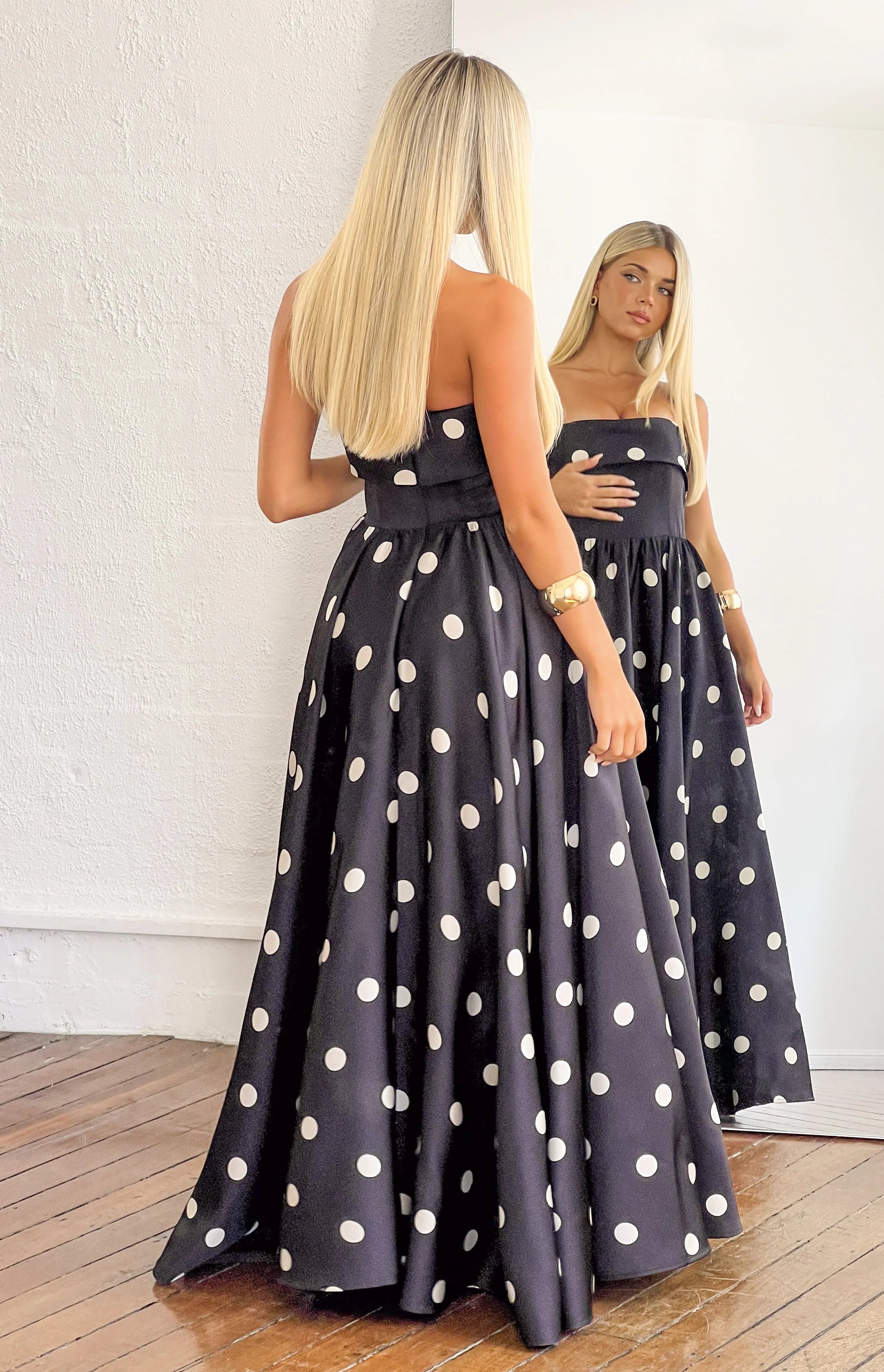 Julianne Strapless Polka Dot Satin Maxi Dress