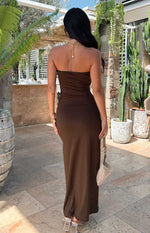 Rear view of a brown strapless bodycon midi dress with a fitted silhouette