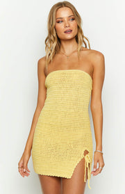 Yellow crochet knit strapless mini dress with side ruching and adjustable ties