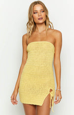 Yellow crochet knit strapless mini dress with side ruching and adjustable ties