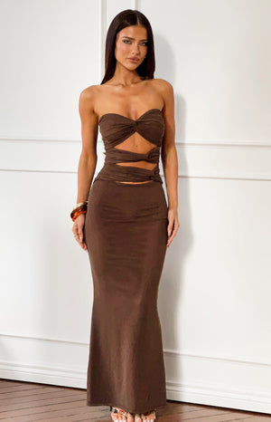 Beginning Boutique Junipa Chocolate Brown Strapless Cutout Maxi Dress strapless maxi with twisted bust and midriff cutouts