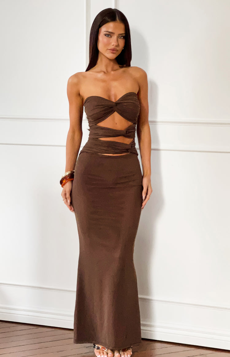 Beginning Boutique Junipa Chocolate Brown Strapless Cutout Maxi Dress strapless maxi with twisted bust and midriff cutouts