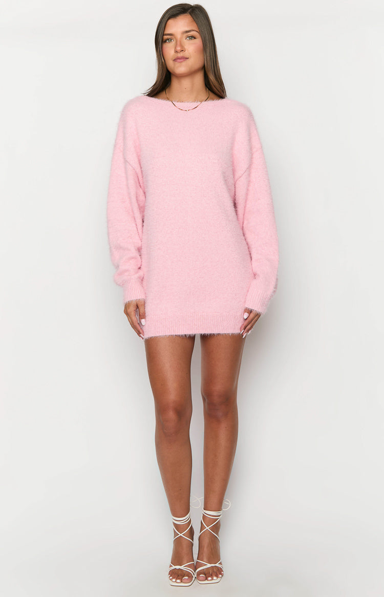 Full front view of a pink fluffy knit mini dress with a boat neck and dropped shoulders
