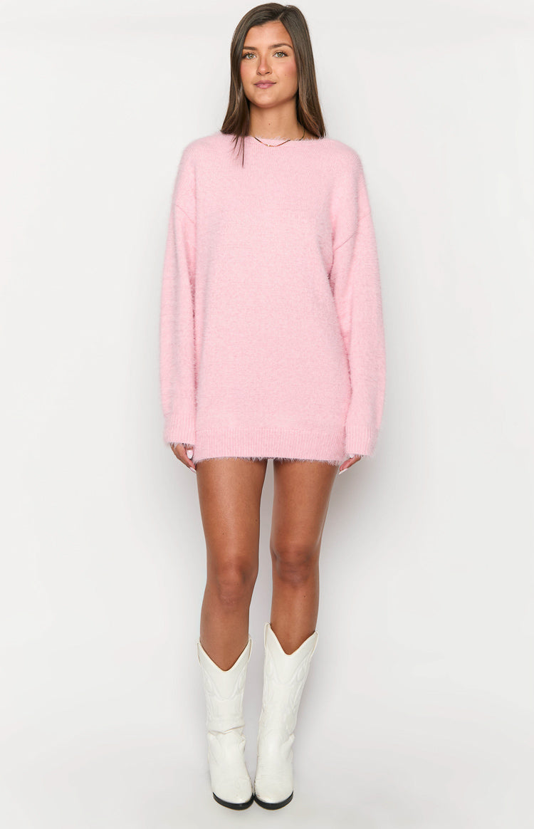 Pink fuzzy knit long sleeve mini dress with a relaxed oversized fit and crew neck