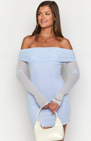 Close-up of the off-shoulder ruched mesh neckline and sheer long sleeves of a lilac mini dress