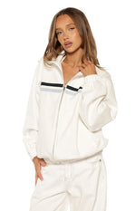 Beginning Boutique Kalana Cream Contrast Stripe Funnel Neck Jacket — cream funnel neck jacket with black and blue chest stripes, full zip, and elasticated cuffs and hem