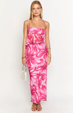 Front view of a pink floral maxi skirt with large fuchsia and light pink abstract flowers and a straight fit