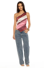 Kendall Pink Stripe Asymmetric Satin Top Image