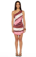 Front view of a pink, white, and burgundy striped mini skirt with a side tie wrap design