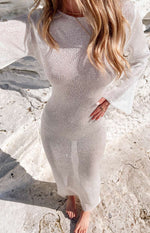 Kendrick White Sequin Knit Long Sleeve Maxi Dress
