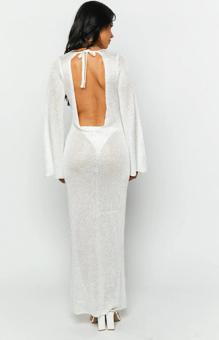 Kendrick White Sequin Knit Long Sleeve Maxi Dress