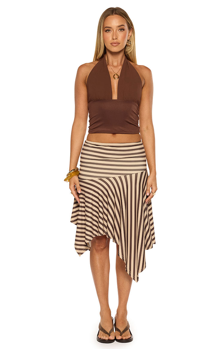 Full-length front view of a brown halter neck top with a deep V-neckline and a fitted cropped silhouette