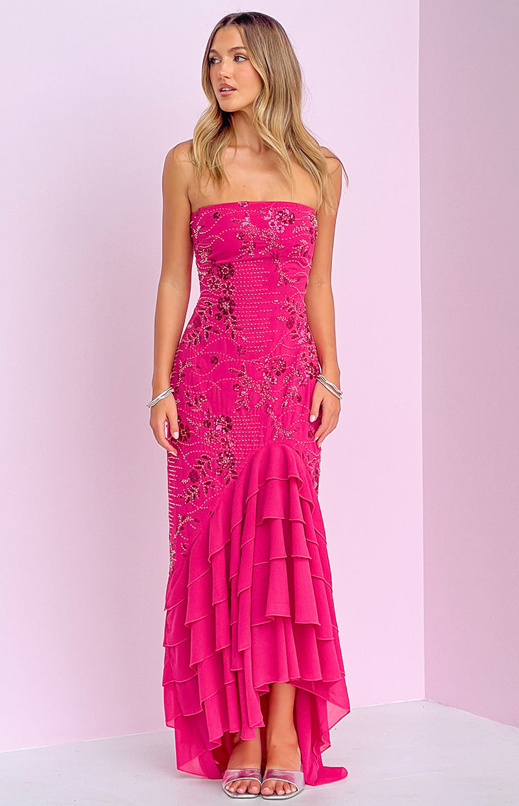 Beginning Boutique Khai Pink Ruffle Maxi Beaded Dress hot pink strapless maxi dress with intricate beading and a tiered ruffle high-low hem