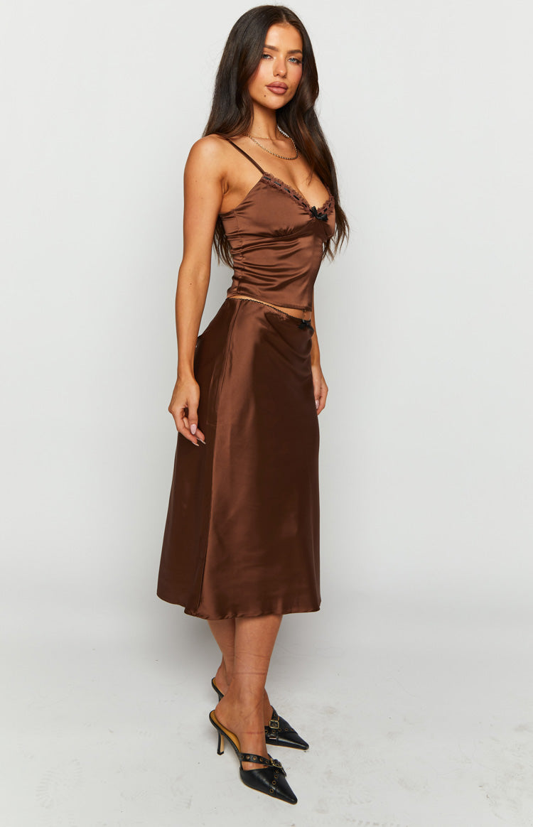 Khloe Brown Satin Midi Skirt Beginning Boutique NZ