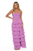 Beginning Boutique Kim Magenta Strapless Ruffle Maxi Dress magenta strapless maxi dress with tiered ruffles and a high side slit