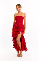 Beginning Boutique Kim Red Strapless Ruffle Maxi Dress red strapless bandeau maxi dress with a fitted bodice and tiered ruffl