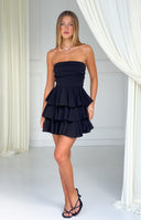 Beginning Boutique Kimmie Black Strapless Ruffle Mini Dress black strapless fitted bodice tiered ruffle mini dress