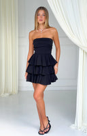 Beginning Boutique Kimmie Black Strapless Ruffle Mini Dress black strapless fitted bodice tiered ruffle mini dress