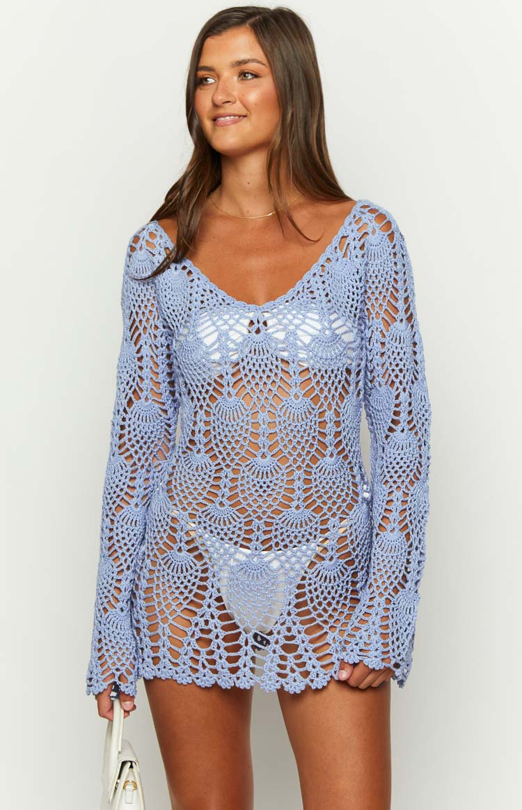 Kippa Blue Crochet Long Sleeve Mini Dress Image