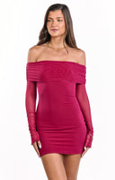 The side and back view of a form-fitting- off-the-shoulder mini-dress in a deep wine red hue- featuring a ruched bodice and long sleeves with thumbhole details.