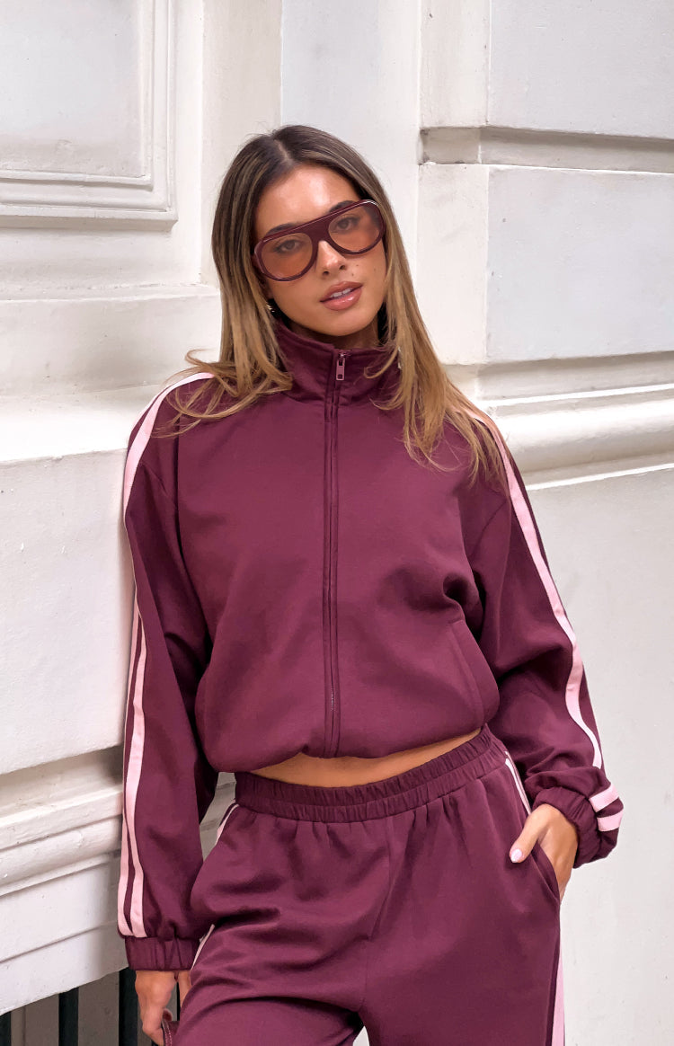 Beginning Boutique Kosie Burgundy and Pink Stripe Track Jacket burgundy full zip high neck cropped track jacket with pink sle
