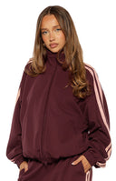 Beginning Boutique Kosie Burgundy and Pink Stripe Track Jacket burgundy full zip high neck cropped track jacket with pink sle