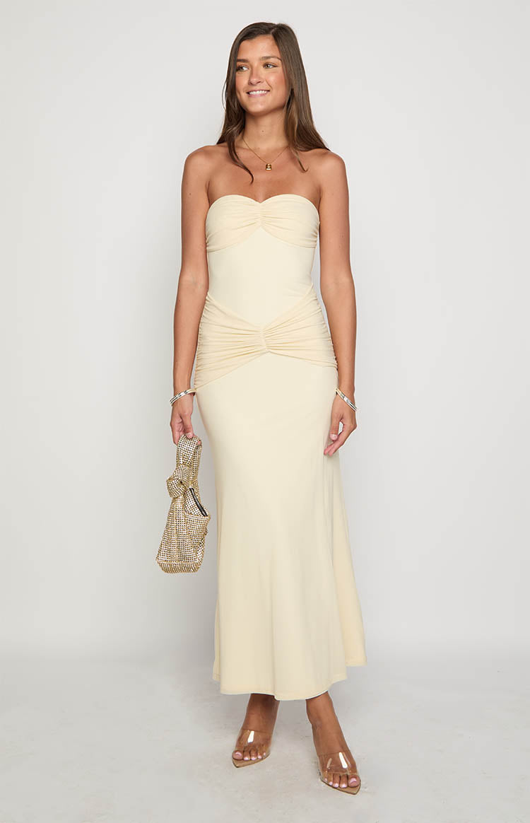 Cream mesh strapless maxi dress with a ruched bust and twisted knot detail at the waist