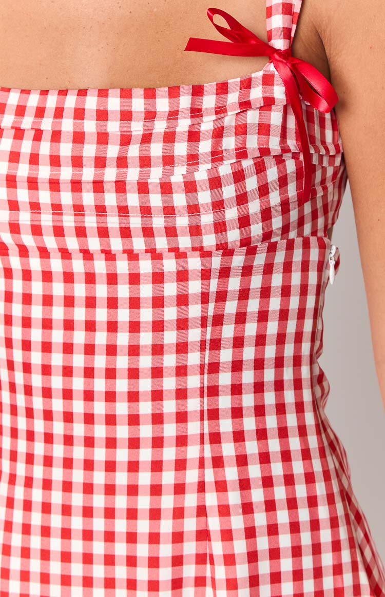 Close-up of the red gingham mini dress showing the ruched bodice, red ribbon tie strap, and side zipper