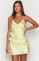 Beginning Boutique Lydia Yellow Mini Dress light yellow satin mini dress with V-neck, spaghetti straps, and tiered ruffles