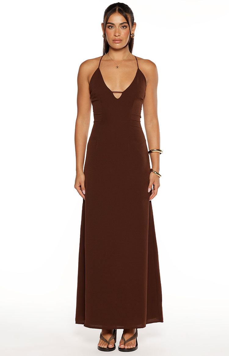 Full front view of a brown V-neck maxi dress with thin spaghetti straps and a horizontal bust strap