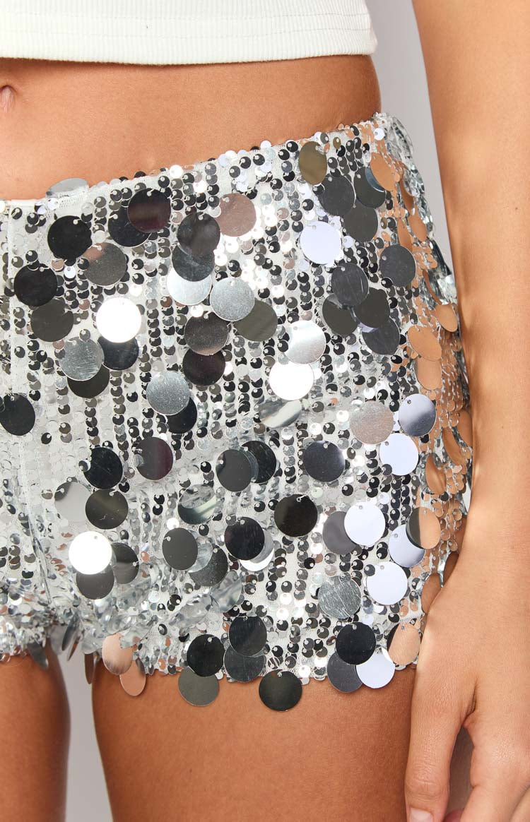 La Danza Silver Sequin Micro Shorts Image