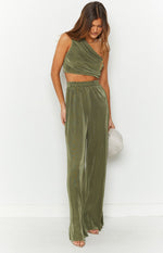 Full length view of khaki pleated wide-leg pants with an elasticated high waistband