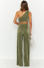 Rear view of khaki pleated wide-leg pants with an elasticated high waistband