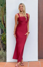 Laria Wine Satin Formal Maxi Dress