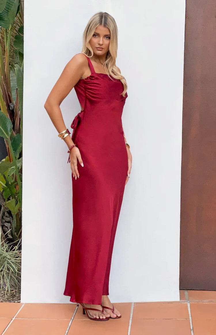 Laria Wine Satin Formal Maxi Dress