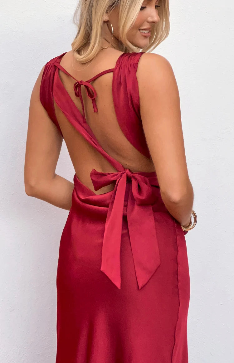 Laria Wine Satin Formal Maxi Dress