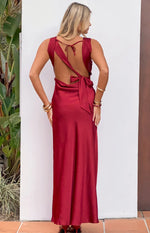 Laria Wine Satin Formal Maxi Dress