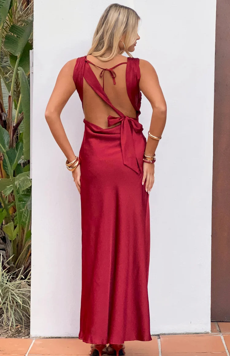 Laria Wine Satin Formal Maxi Dress