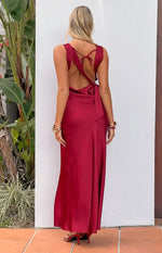 Laria Wine Satin Formal Maxi Dress